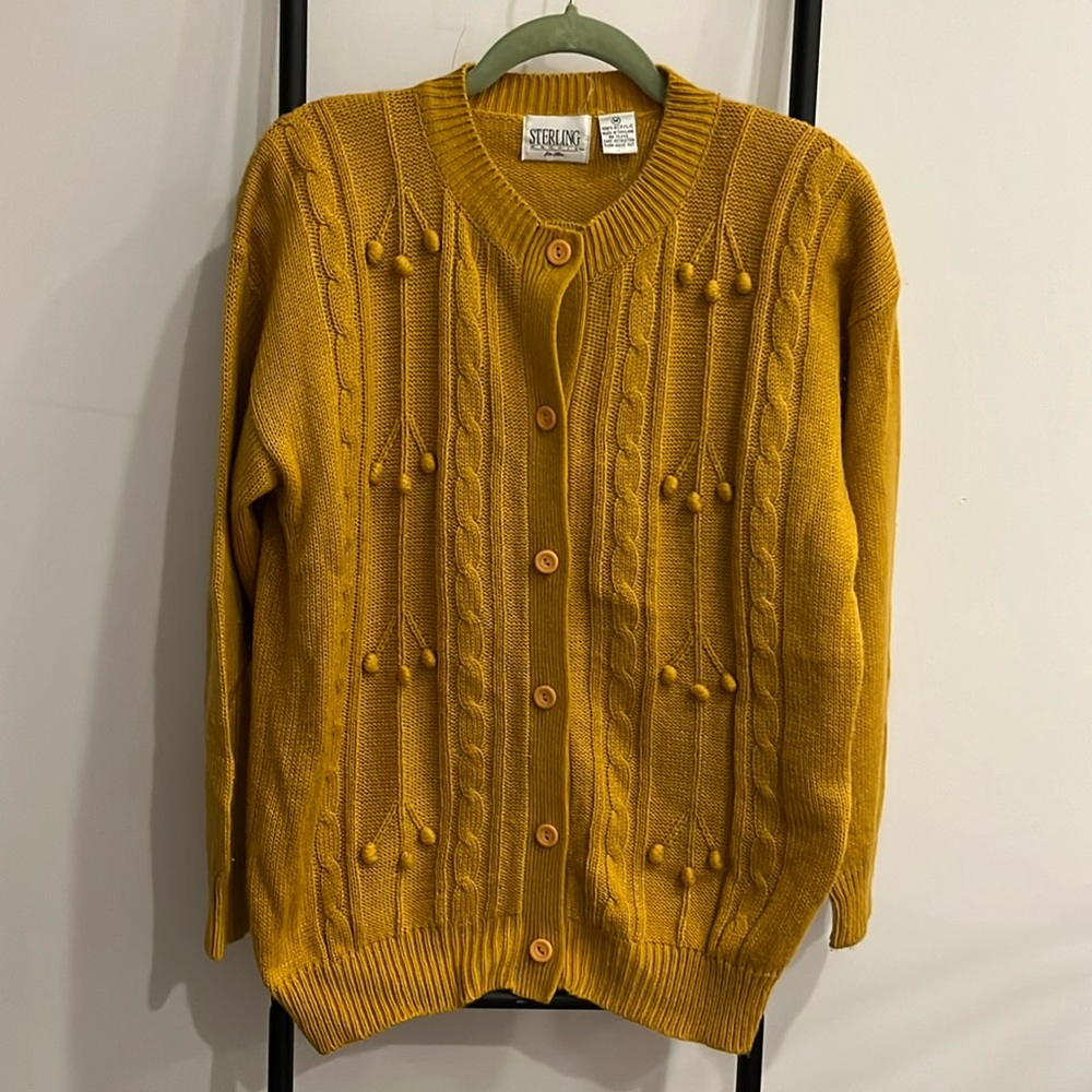 Vintage Sterling Harris for Her Knit Yellow Cardigan Sweater Women Size M